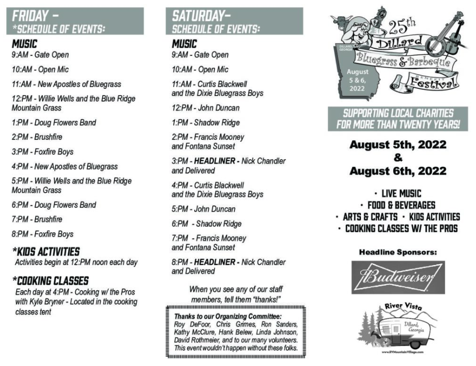 Schedule Dillard Bluegrass Festival